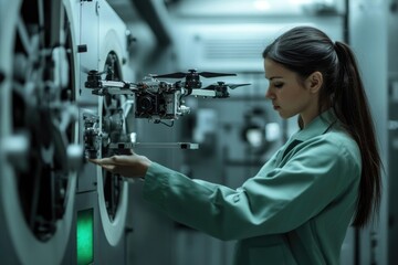 A female engineer meticulously calibrates a drone attached to industrial machinery, ensuring precision.