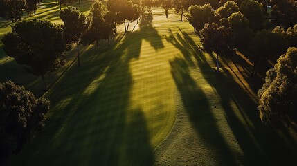 Golden Hour Shadows Across A Lush Green Golf Course