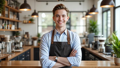 Fototapeta premium A smiling, confident male coffee shop owner standing at the counter, dressed in a well-fitted apron, making eye contact with the camera, exuding warmth and professionalism.