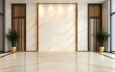 A luxurious residential entrance with marble floors, warm ambient lighting, and elegant decor.