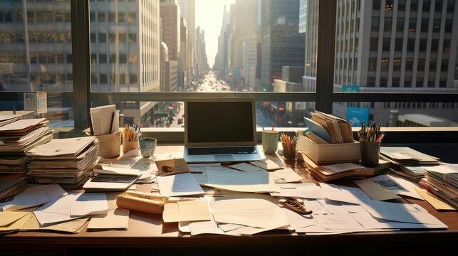 cluttered city office desk