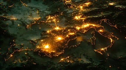 Aerial Night View of Europe s City Lights Illuminated Coastlines and Terrain