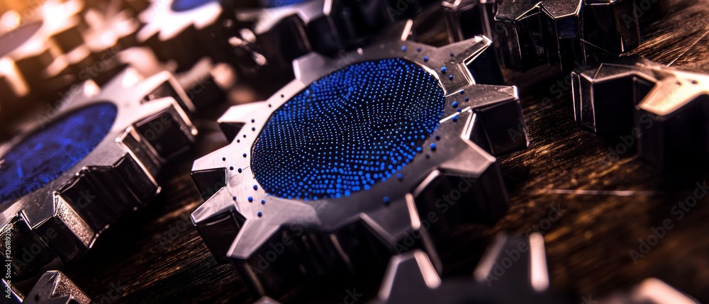 Poster close up of interlocking metal gears with blue digital data pattern