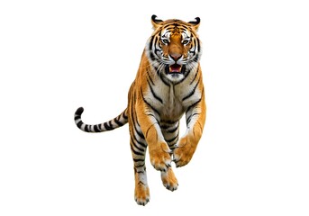 Obraz premium Powerful Tiger in a Leaping Pose Against a White Background 