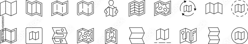 Poster travel outline simple icons bundle. contains icons of map for graphics, concept, apps