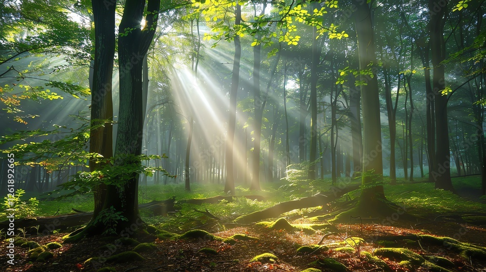 Poster sunlight streams through the trees in a lush green forest.