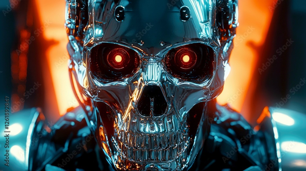 Poster chrome skull robot: a glowing cyberpunk android in a dark, futuristic setting