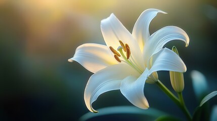 Elegant white lily flower in full bloom illuminated by sunlight