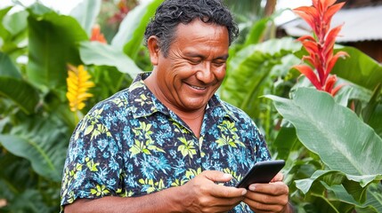 Happy man using smartphone in tropical garden