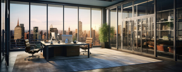 Executive Office Overlooking City at Sunset