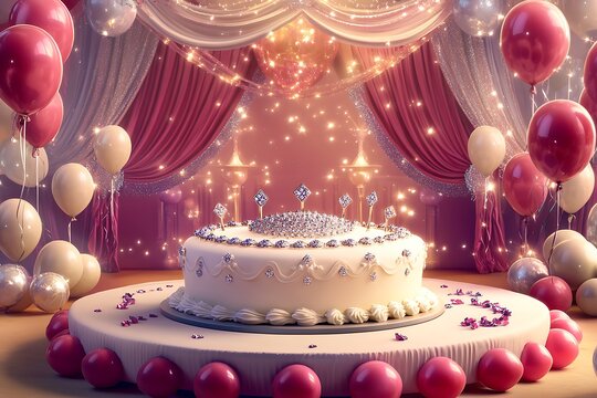 A luxurious birthday cake with a diamond-studded design, surrounded by glamorous balloons on a grand stage filled with sparkling decorations and elegant drapes.