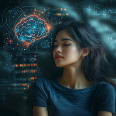 A woman is sleeping with a brain on her face. The brain is surrounded by a colorful, abstract design. Scene is peaceful and calming, as the woman is in a relaxed state while sleeping