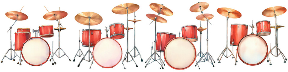 Concerts performance and visuals watercolor, A vibrant drum set featuring multiple red drums and cymbals, designed for rhythmic performance.
