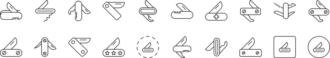 Camping Bundle of Related Line Icons. Folding Knife Outline Signs for Graphic and Web Design, Apps, Adverts, Various Cards