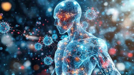 Human immune system illustrations featuring a transparent figure surrounded by colorful virus particles