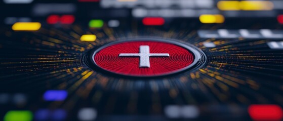 Obraz premium Closeup of a Red Circular Button with a White Plus Symbol on a Technological Background