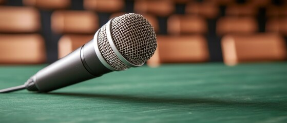 Obraz premium Closeup of a Silver Microphone on a Green Table in a Conference Room