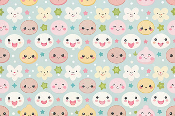 Cute pastel kawaii faces seamless pattern background for kids' textile