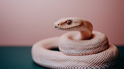 Fototapeta premium Closeup of a White Spotted Snake on a Teal Surface Against a Pink Background