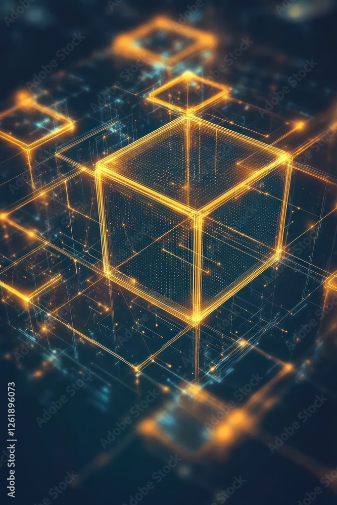 Poster abstract digital representation of interconnected glowing cubes and lines, showcasing a futuristic t