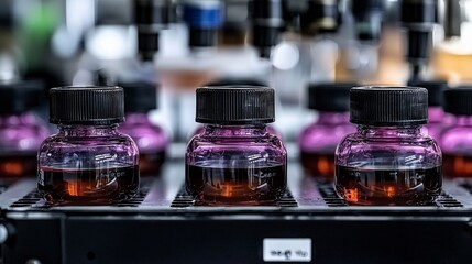 Closeup of Dark Purple Liquid in Small Bottles on Conveyor Belt