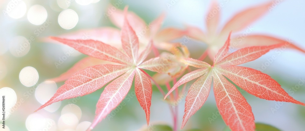 Poster closeup of delicate pink maple leaves with soft bokeh background