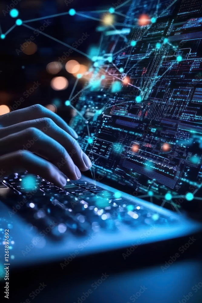 Poster a close-up of a person's hand typing on a laptop keyboard, with digital data visualizations and glow