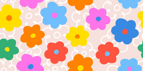 Colorful hand drawn flower seamless pattern in childish style. Fun floral doodle pattern.