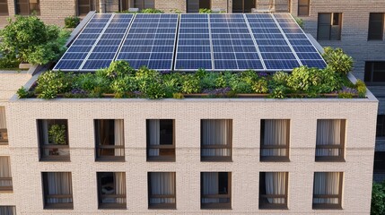 Fototapeta premium A modern building features a green roof with solar panels, showcasing sustainable architecture and eco-friendly design.