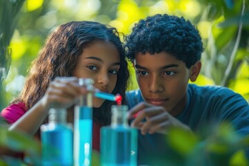 Obraz premium Two children, a girl and a boy, conduct a science experiment outdoors, carefully observing a chemical reaction in beakers.