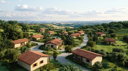 Fototapeta premium A serene countryside village featuring cozy homes, lush greenery, and rolling hills under a bright, sunny sky.