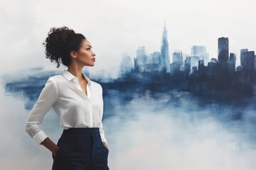 A stylish woman in a white shirt gazes at a watercolor cityscape, dreaming of urban ambition.