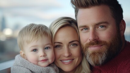 Obraz premium A cheerful family portrait captured on a rooftop terrace showcasing their relaxed and joyful bonding while taking in the scenic urban skyline and atmospheric cityscape in the background