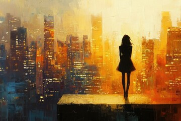 Fototapeta premium A lone figure silhouetted against a vibrant cityscape at sunset, contemplating the urban expanse.