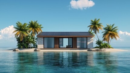 Fototapeta premium A serene tropical getaway featuring a modern house surrounded by palm trees and calm waters, perfect for relaxation and escape.