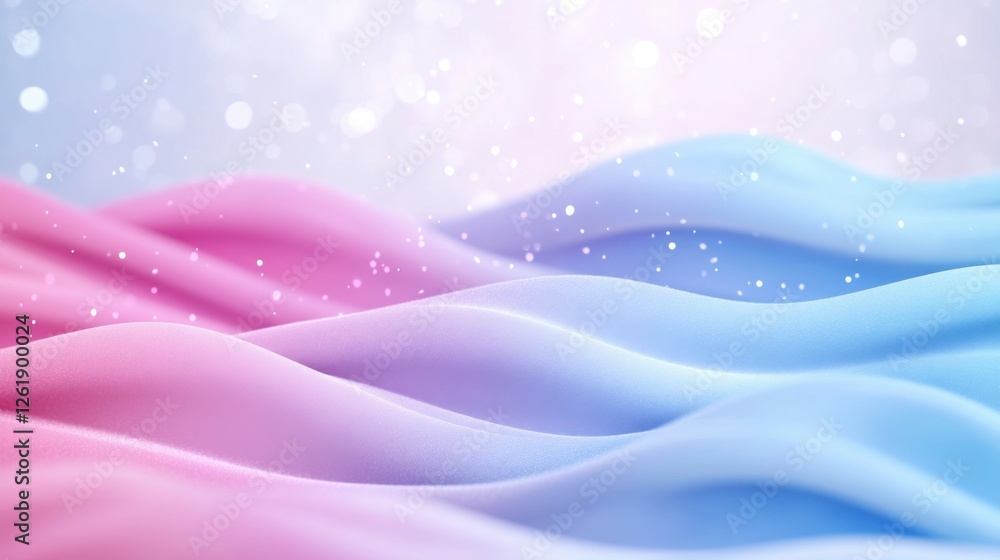 Poster smooth gradient pink and sky blue abstract waves with glowing particles, creating a dreamy