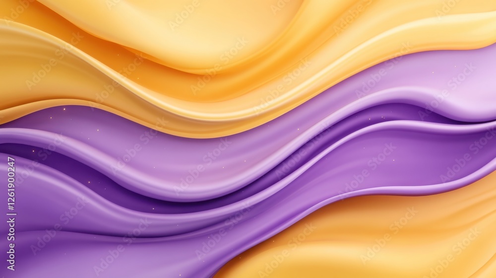 Poster vibrant abstract purple and yellow waves with glowing particles creating a dynamic artistic flow