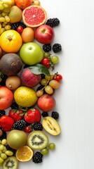Colorful Assortment of Fresh Fruits and Berries on White Wooden Background