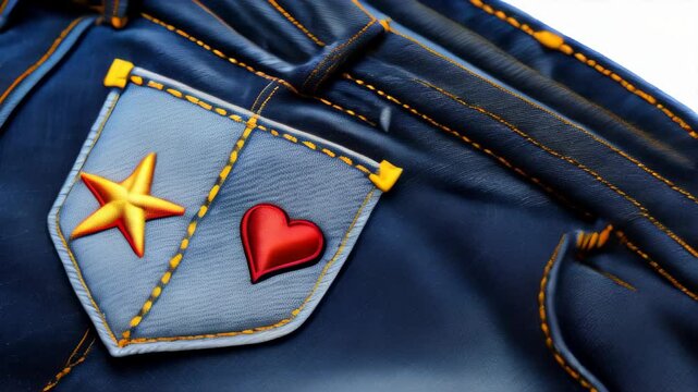 Stylish denim with unique embroidered patch resembling a star and a heart on pocket close-up