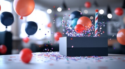 Colorful Balloons and Confetti Exploding from a Black Gift Box