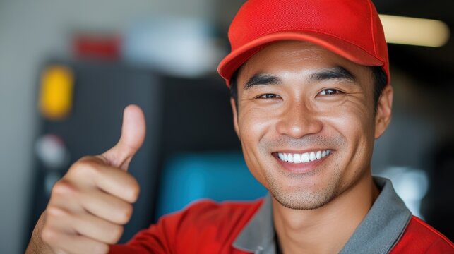 A cheerful and confident Asian automotive mechanic wearing a uniform and smiling proudly while standing in his workplace showcasing his expertise and dedication to his profession