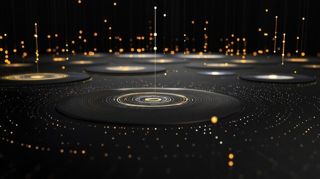 Abstract circular design, dark background, glowing lines, technological