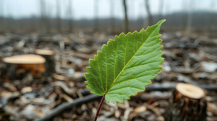 New leaf sprouting amidst deforestation; forest regeneration