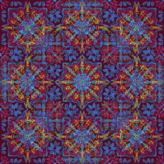 Seamless, colorful floral tone screen pattern. Small blue flowers alternate with large, flashy, glowing flowers. on a dark red background