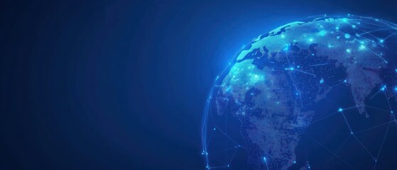 Obraz premium A glowing representation of Earth surrounded by digital connections, highlighting global networking and technology in a dark blue background