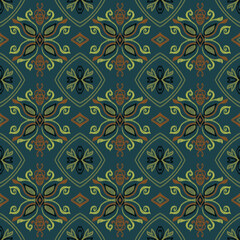 Ikat pattern, colorful floral pattern, seamless, green flowers with black edges and yellow and brown tentacles. In a green diamond vine frame On a dark turquoise background