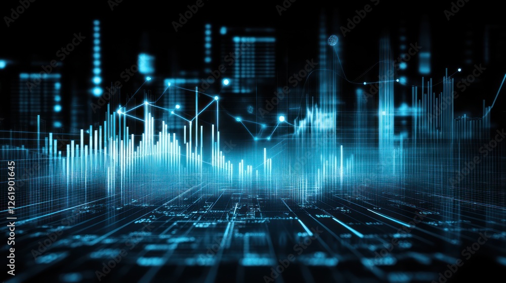 Poster futuristic digital cityscape showcasing vibrant data visualization and analytics trends, with abstra