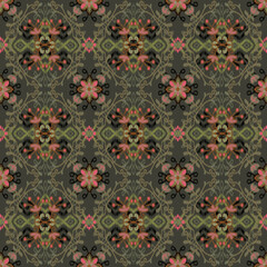 Ikat pattern, cute colorful floral pattern, seamless, pink flowers in a green vine diamond frame. on a dark gray background