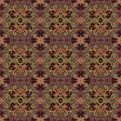 Ikat pattern, cute colorful floral pattern, seamless, pink flowers in a green vine diamond frame. on a brown background