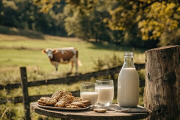 Fototapeta premium Countryside milk and cookies, cow, rustic table, sunny meadow